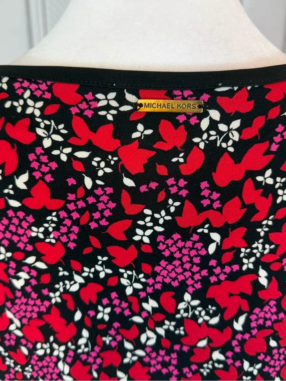 MICHAEL Michael Kors Red Floral Long Sleeve Shift Dress Sz L Black Trim Office